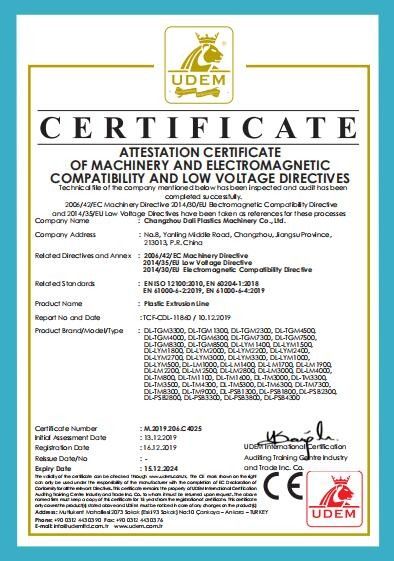 China Changzhou Dali Plastics Machinery Co., Ltd Certificaciones